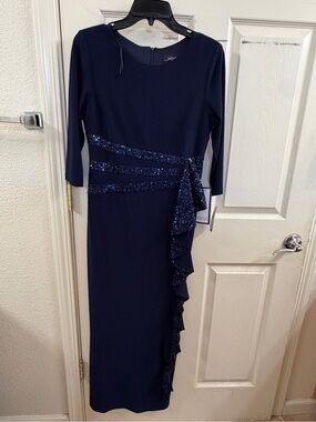 R&M Richards Navy Sequin-Accent Long Sleeve Gown